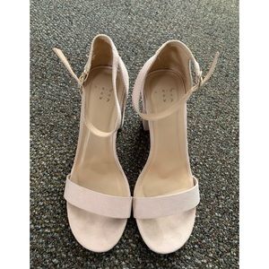 Pink, open-toed, high-heel, pumps